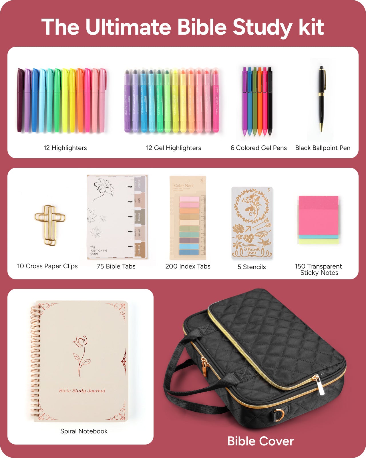 Bible Cover with Bible Journaling Kit, Bible Tabs and Bible Cover Case for Women, Bible Highlighters and Pens No Bleed, Journaling Supplies for Bible Study, Christian Gifts for Women, Black