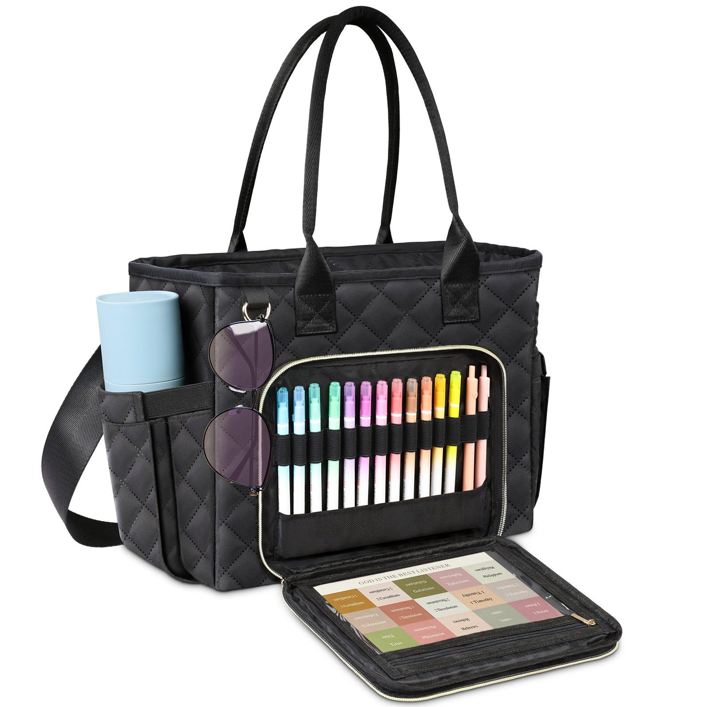 Large Bible Bag with Bible Cover Case for Women, Church Bag with Four Carrying Styles, Quilted Bible Cover for Bible Study Supplies, a Christian Gift for Women (Bag ＆ Cover Only), Black