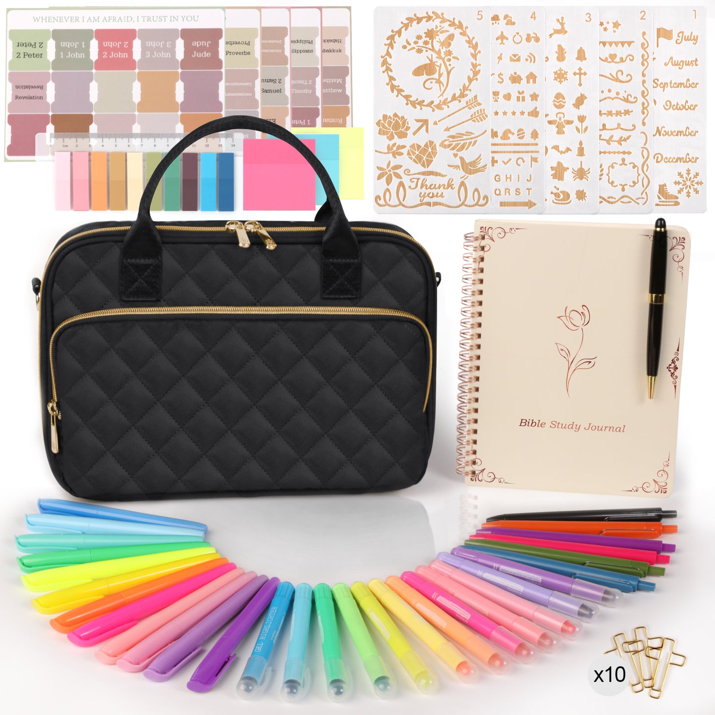 Bible Cover with Bible Journaling Kit, Bible Tabs and Bible Cover Case for Women, Bible Highlighters and Pens No Bleed, Journaling Supplies for Bible Study, Christian Gifts for Women, Black