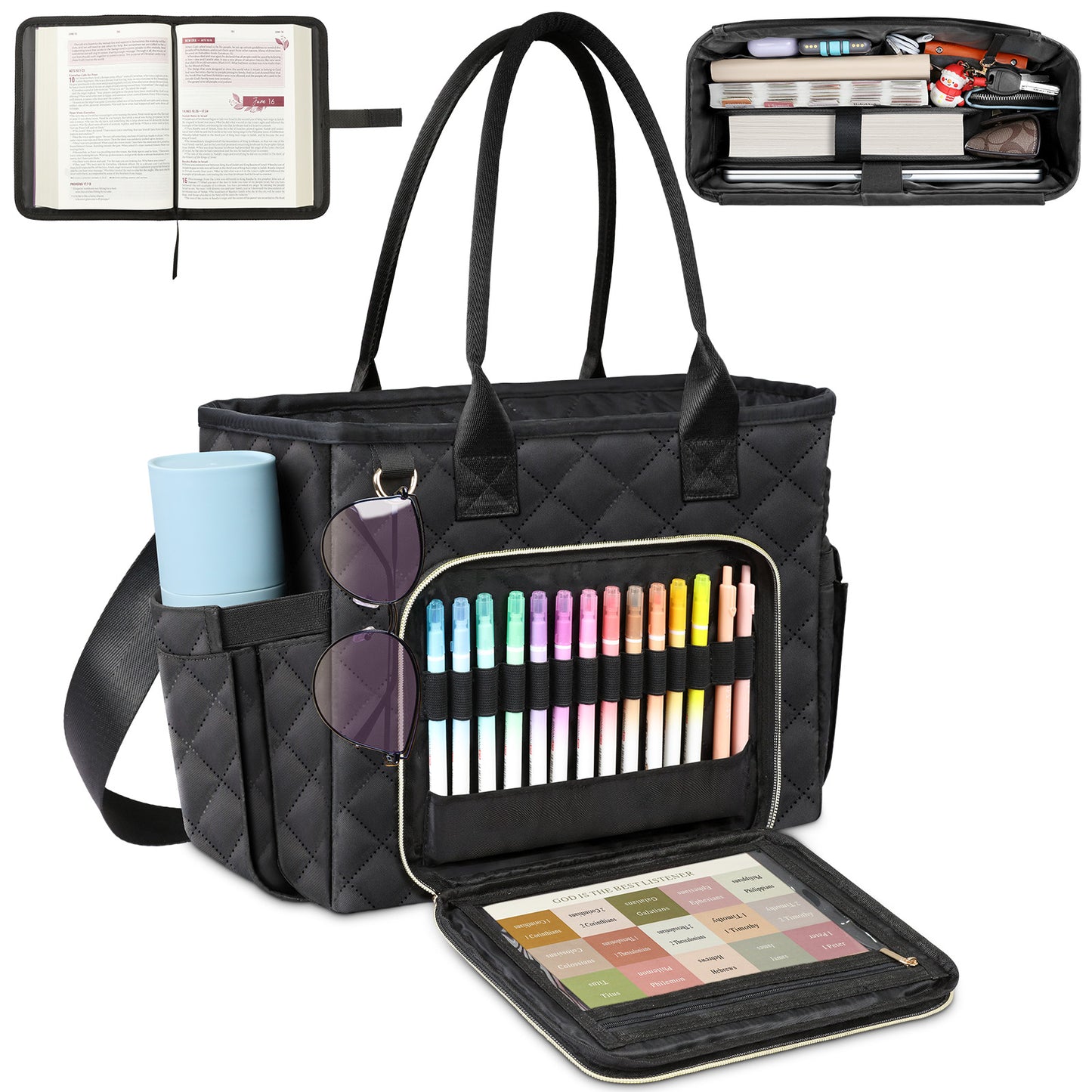 Large Bible Bag with Bible Cover Case for Women, Church Bag with Four Carrying Styles, Quilted Bible Cover for Bible Study Supplies, a Christian Gift for Women (Bag ＆ Cover Only), Black