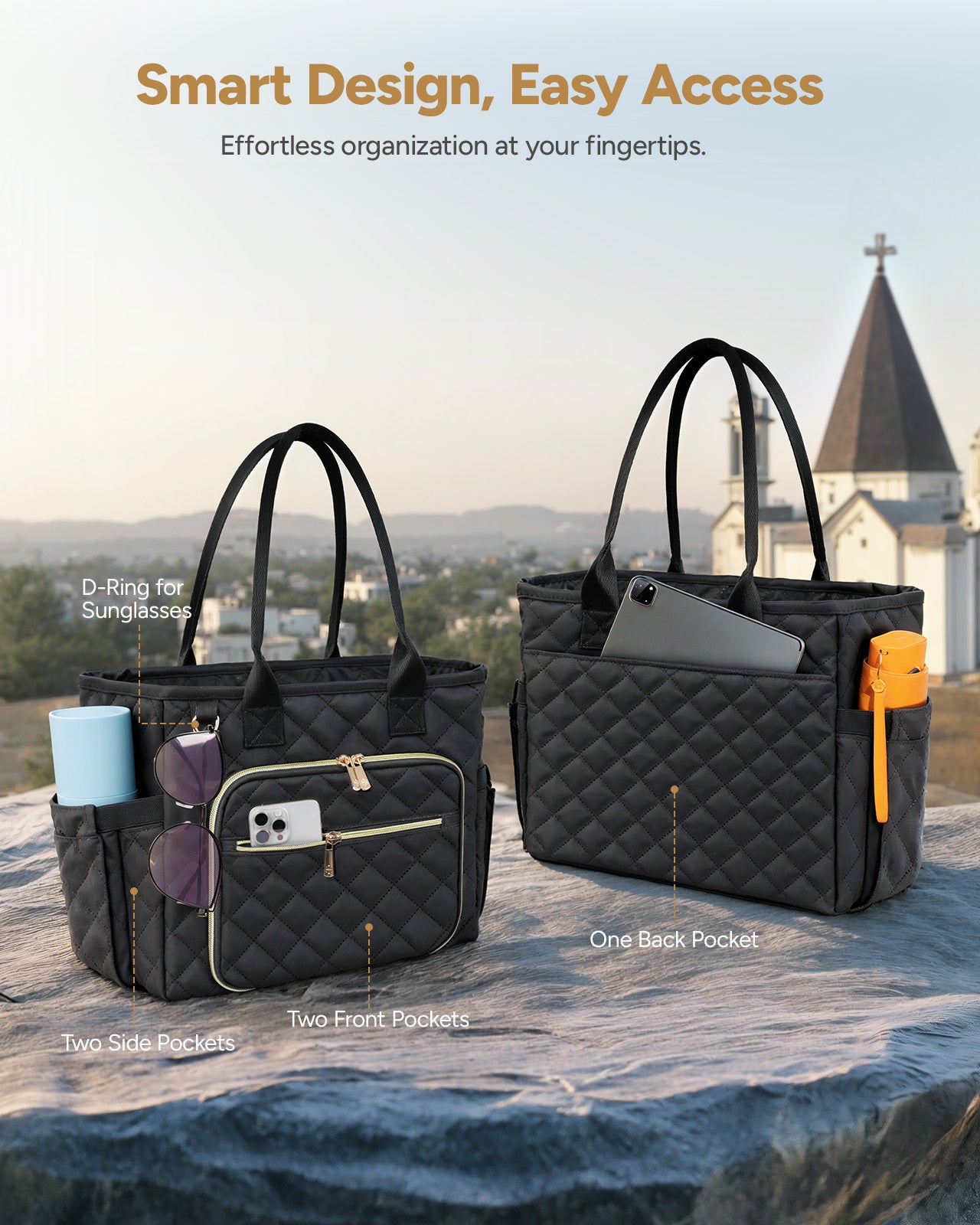Large Bible Bag with Bible Cover Case for Women, Church Bag with Four Carrying Styles, Quilted Bible Cover for Bible Study Supplies, a Christian Gift for Women (Bag ＆ Cover Only), Black