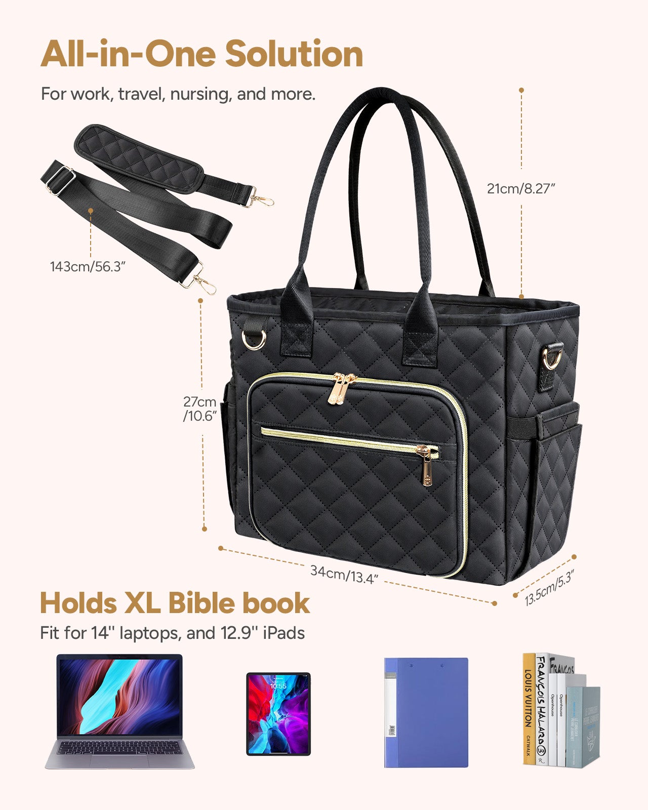Large Bible Bag with Bible Cover Case for Women, Church Bag with Four Carrying Styles, Quilted Bible Cover for Bible Study Supplies, a Christian Gift for Women (Bag ＆ Cover Only), Black